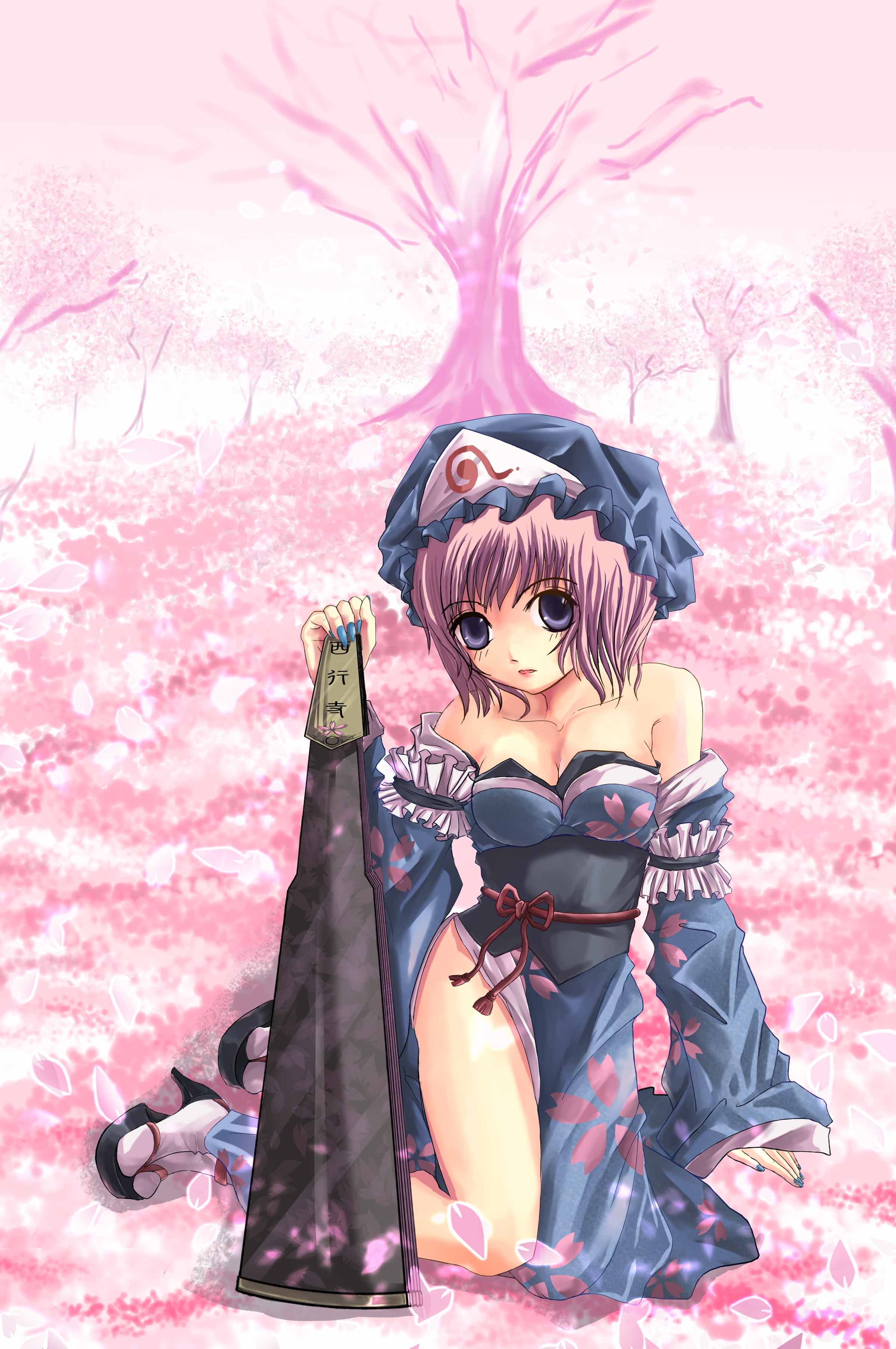 x20285, saigyouji yuyuko, touhou, absurdres, highres, jpeg artifacts, 1girl, blue hat, breasts, female focus, gradient background, hat, mob cap, nature, outdoors, plant, solo