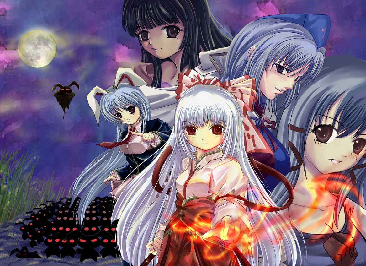 juuni chacha, x20285, fujiwara no mokou, houraisan kaguya, kamishirasawa keine, reisen udongein inaba, yagokoro eirin, touhou, 6+girls, animal ears, everyone, female focus, fire, multiple girls, rabbit ears