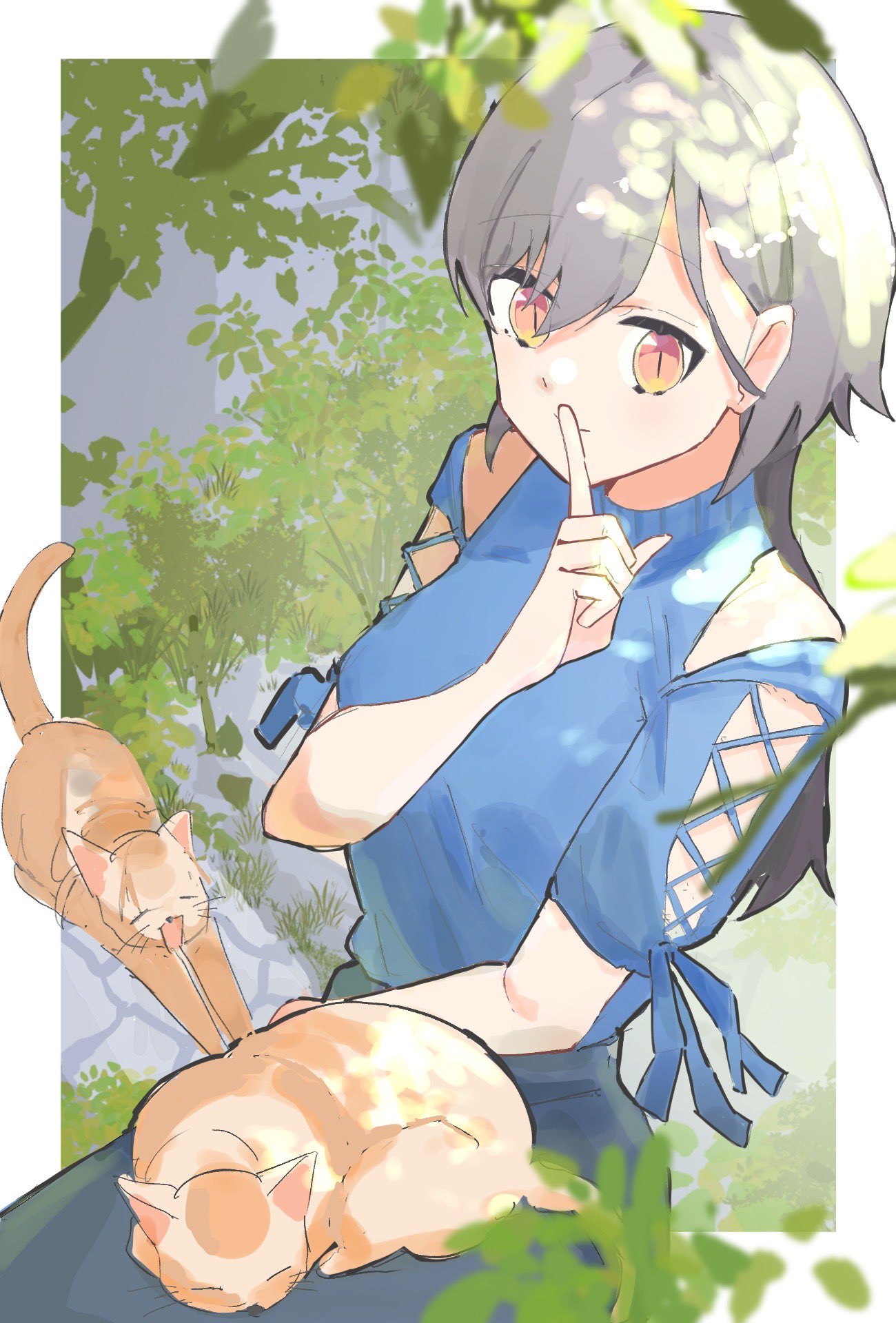 zen66574227, katsuragi izumi, link! like! love live!, love live!, commentary, highres, 1girl, animal, animal on lap, bare shoulders, blue shirt, breasts, casual, cat, cat on lap, cat stretch, closed mouth, clothing cutout, cross-laced clothes, cross-laced sleeves, finger to mouth, grey hair, katsuragi izumi (izayoi selene casual), long hair, looking at viewer, medium breasts, official alternate costume, on lap, open mouth, shirt, shoulder cutout, shushing, sleeping animal, slit pupils, smile, solo, stretching, virtual youtuber, wolf cut