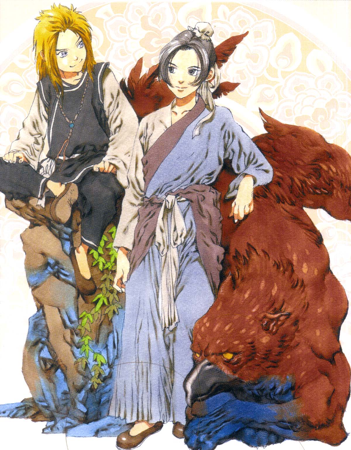 yamada akihiro, enki (juuni kokuki), kenrou shinkun, juuni kokuki, highres, official art, scan, 2boys, hair slicked back, jewelry, male focus, multiple boys, necklace, plant, sitting, standing, topknot, white background