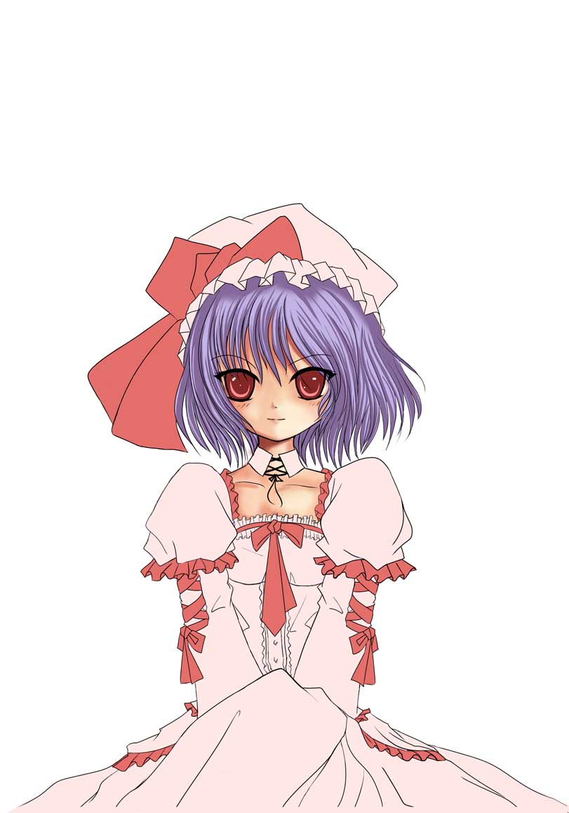 juuni chacha, x20285, remilia scarlet, touhou, 1girl, dress, female focus, hat, hat ribbon, no wings, pink hat, purple hair, red eyes, ribbon, short hair, solo