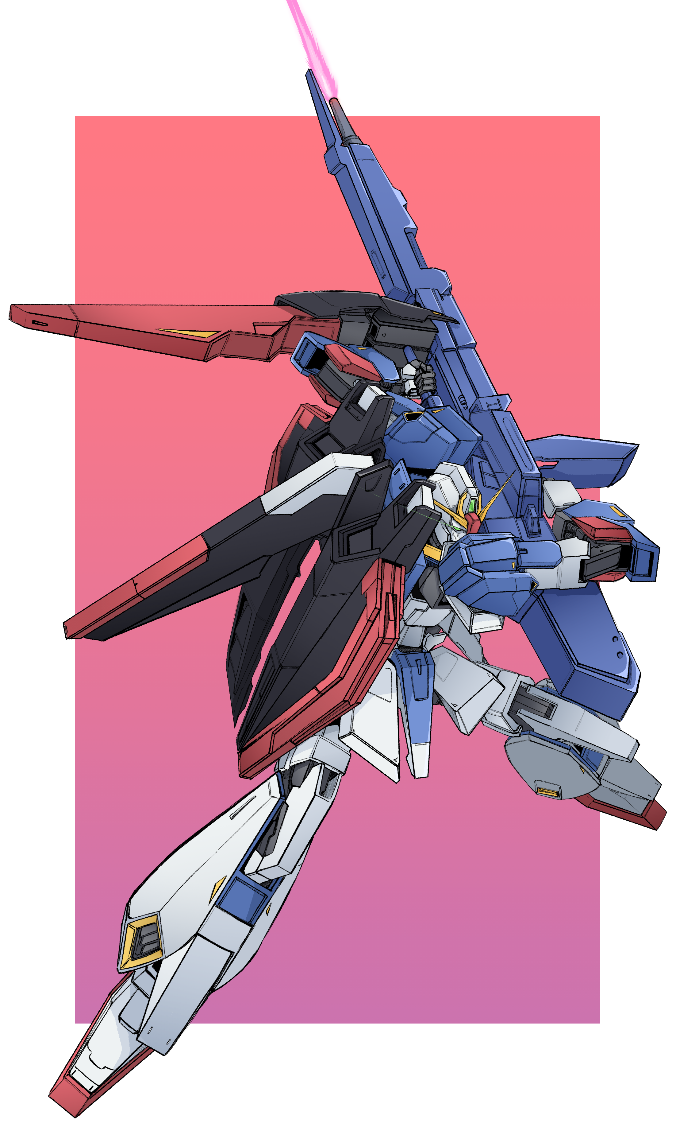 zeta gundam (mobile suit), gundam, zeta gundam, zeta gundam define, absurdres, commentary, english commentary, highres, aeug, bayonet, beam cannon, energy blade, energy gun, fighting stance, glowing, glowing eye, green eyes, lens flare, machinery, mecha, mecha focus, mobile suit, no humans, robot, science fiction, shield, user mhyx7458, v-fin, weapon