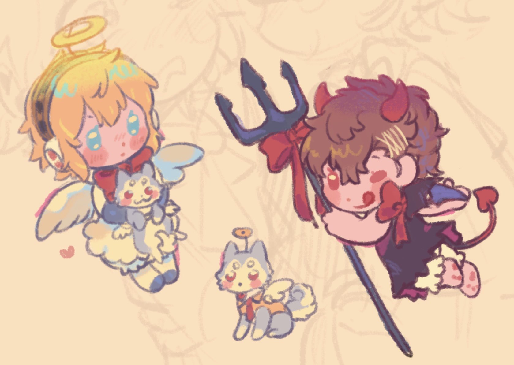 aigis (persona), koromaru (persona), shiomi kotone, persona, persona 3, persona 3 portable, commentary request, highres, korean commentary, 2girls, angel, angel and devil, angel wings, animal, barefoot, black dress, blonde hair, blue eyes, blush, bow, brown background, brown hair, chibi, chibi only, closed mouth, demon girl, demon horns, demon tail, demon wings, dog, dress, full body, halo, heart, holding, holding animal, holding dog, holding pitchfork, horns, licking lips, looking at viewer, multiple girls, one eye closed, pitchfork, red bow, red eyes, red horns, short hair, smile, tail, tongue, tongue out, wings, xikq0py
