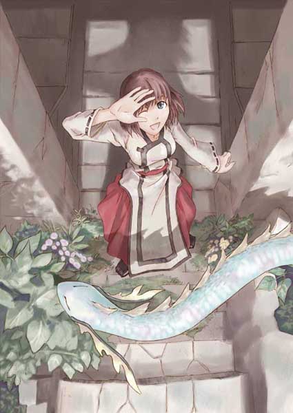 ushiki yoshitaka, wall, 1girl, brown hair, dragon, dress, fantasy, female focus, from above, looking up, outdoors, plant, shadow, short hair, skirt, smile, solo, stairs, stone wall, wide sleeves, wince