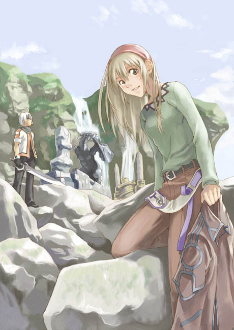 ushiki yoshitaka, 1boy, 1girl, hairband, ruins, sword, water, waterfall, weapon