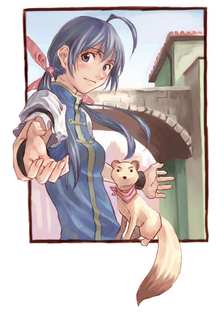 ushiki yoshitaka, futaba hotaru, itokatsu (garou), fatal fury, garou: mark of the wolves, snk, 1girl, ahoge, blue eyes, blue hair, female focus, ferret, mascot, ponytail, solo