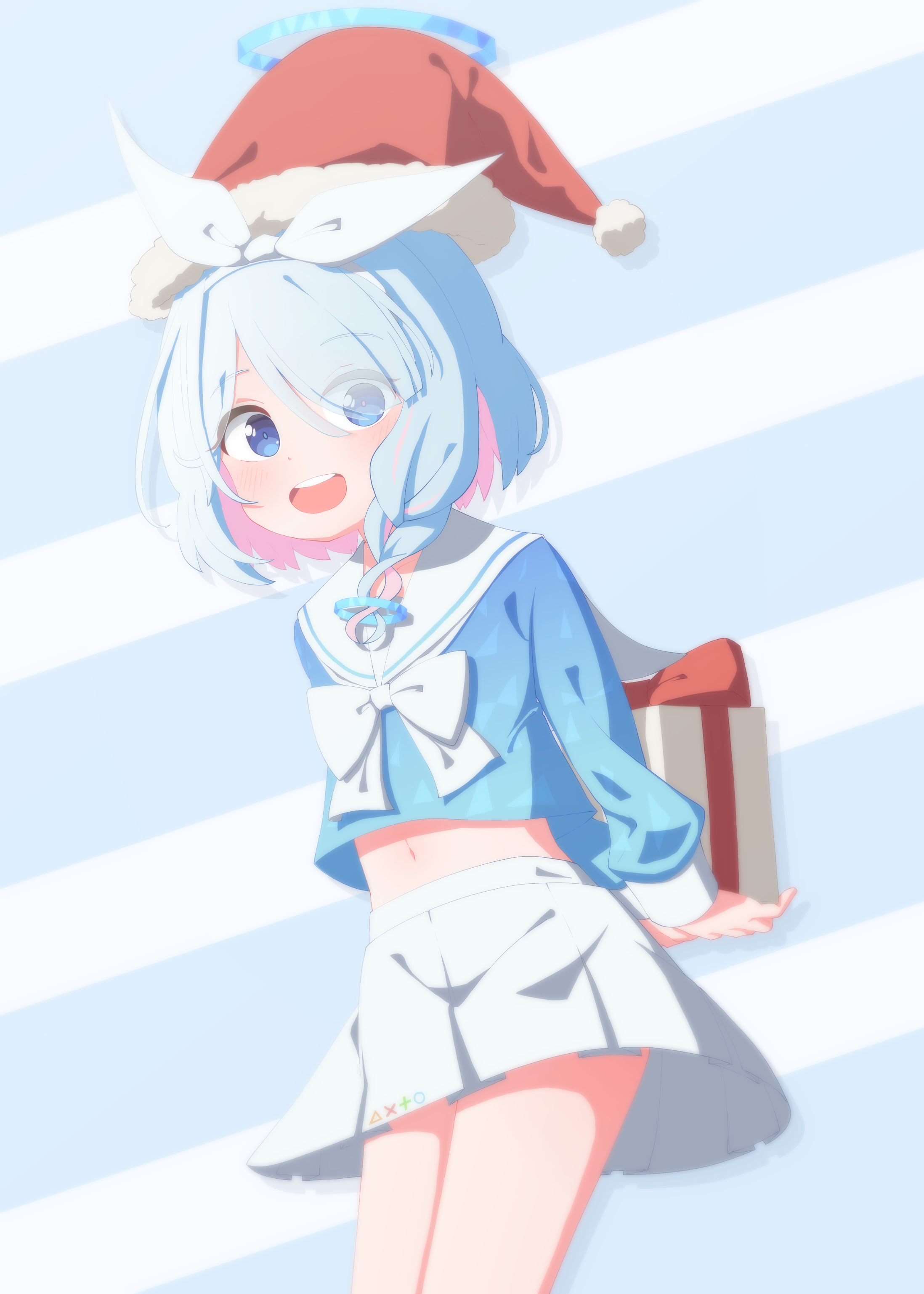 xotkd5972, arona (blue archive), blue archive, absurdres, commentary request, highres, 1girl, aqua hair, aqua halo, aqua serafuku, arms behind back, blue eyes, bow, bowtie, box, braid, braided sidelock, colored inner hair, cowboy shot, gift, gift box, hair over one eye, halo, hat, holding, holding gift, leaning forward, long bangs, long sleeves, looking at viewer, multicolored hair, parted bangs, pleated skirt, sailor collar, santa hat, short hair, sidelocks, simple background, single braid, skirt, solo, standing, two-tone background, two-tone hair, white bow, white bowtie, white sailor collar, white skirt