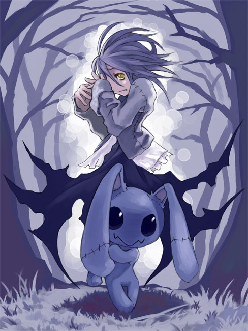 ushiki yoshitaka, forest, nature, purple theme, rabbit, scared, tree, yellow eyes