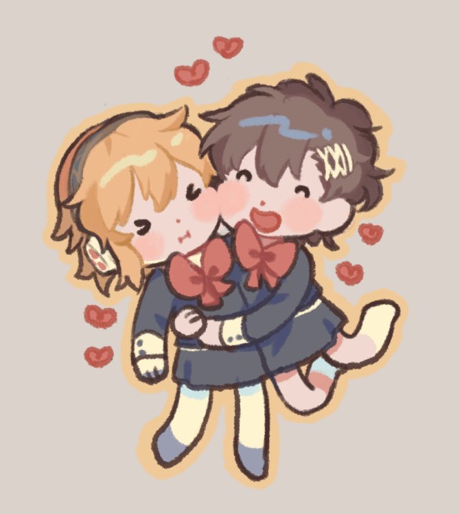 aigis (persona), shiomi kotone, persona, persona 3, persona 3 portable, commentary, hashtag-only commentary, > <, 2girls, blonde hair, blush, bow, bowtie, brown hair, cheek-to-cheek, chibi, chibi only, closed eyes, closed mouth, full body, gekkoukan high school uniform, grey background, hair ornament, hairclip, heads together, heart, hug, multiple girls, open mouth, red bow, red bowtie, school uniform, short hair, simple background, smile, x hair ornament, xikq0py, yuri