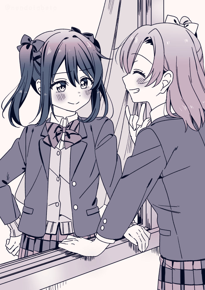 surufuji, kosaka honoka, yazawa nico, love live!, love live! school idol project, 2girls, m/, blazer, blush, bow, bowtie, closed eyes, closed mouth, facing another, grin, jacket, lapels, long hair, looking at another, monochrome, multiple girls, notched lapels, open clothes, open jacket, otonokizaka school uniform, pleated skirt, school uniform, short hair, skirt, smile, striped bow, striped bowtie, striped clothes, twintails