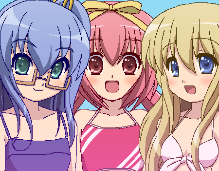 awa, akihime sumomo, koiwai flora, yuuki nona, nanatsuiro drops, lowres, 00s, jaggy lines, oekaki, swimsuit