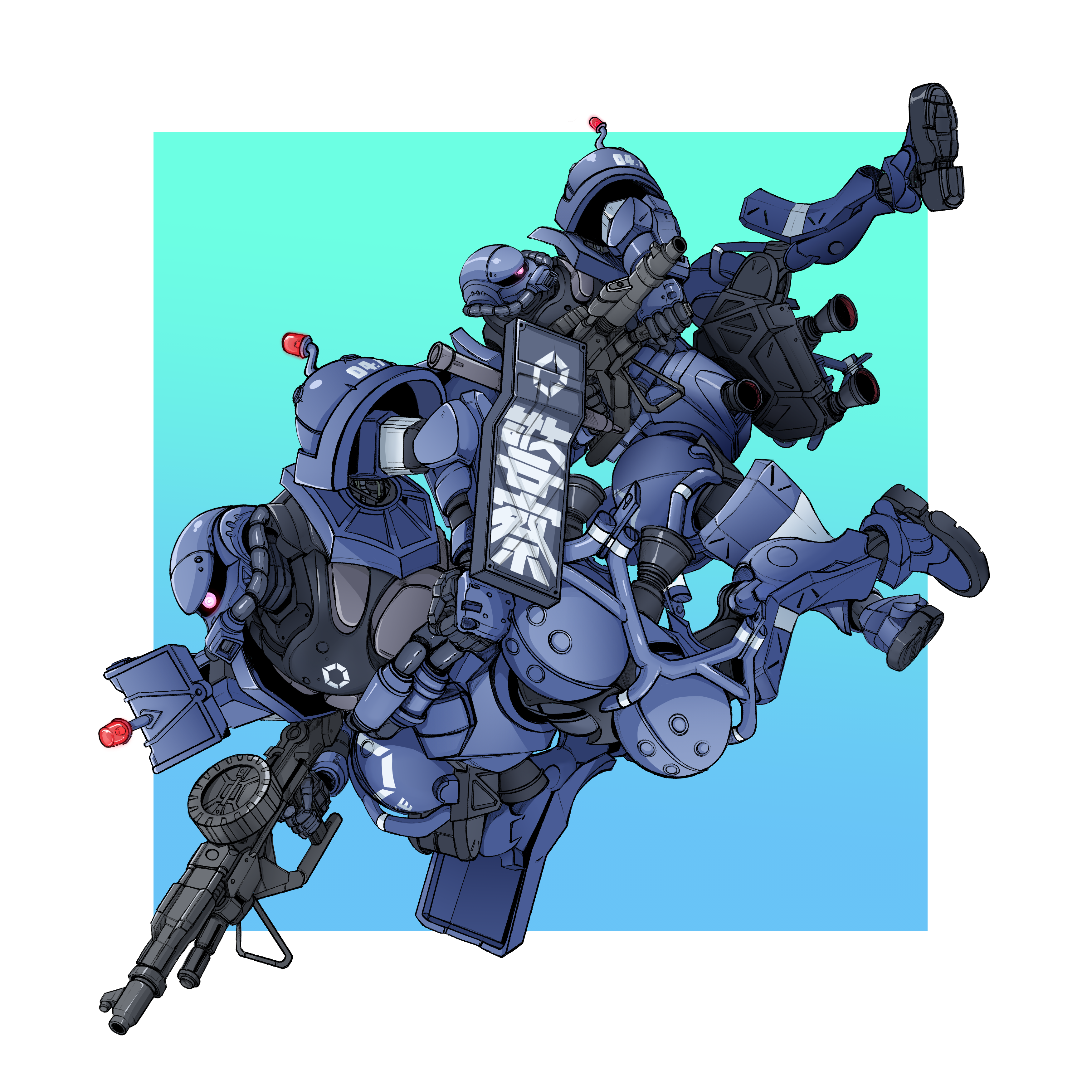 gundam, gundam gquuuuuux, absurdres, commentary, english commentary, highres, cable, gradient background, gun, machine gun, machinery, mecha, mecha focus, mobile suit, no humans, one-eyed, police, police siren, police zaku, robot, science fiction, shield, user mhyx7458, weapon