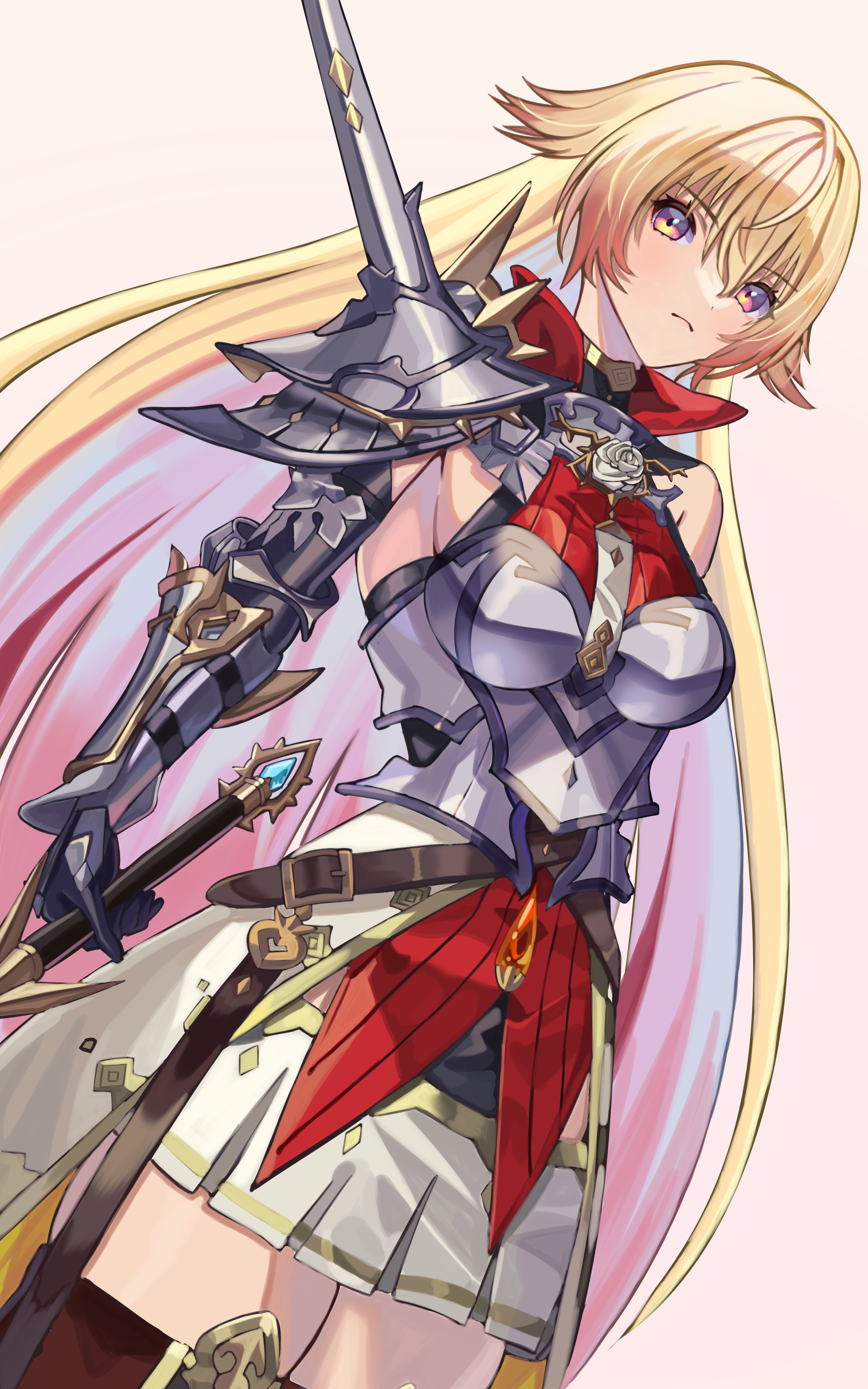 ushiroki, shadowverse, shadowverse: worlds beyond, absurdres, highres, 1girl, armor, blonde hair, flower, gauntlets, gradient hair, holding, holding sword, holding weapon, long hair, marie=malisse, multicolored eyes, multicolored hair, pleated skirt, rose, shoulder spikes, skirt, solo, solo focus, spikes, streaked hair, sword, thighhighs, very long hair, weapon, white flower, white rose