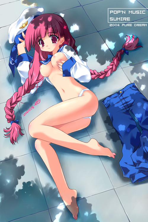 emily (pure dream), sumire (pop'n music), bemani, pop'n music, uniform, 1girl, ass, barefoot, beret, blush, braid, breasts, clothes lift, embarrassed, feet, female focus, from above, grabbing another's breast, groping, hat, hip focus, long hair, lying, navel, nipples, no bra, no pants, on side, outdoors, panties, pants, pink eyes, pink hair, public indecency, public nudity, sailor, shirt lift, short twintails, skirt, skirt lift, solo, thighs, tree shade, twin braids, twintails, underwear, very long hair, white panties