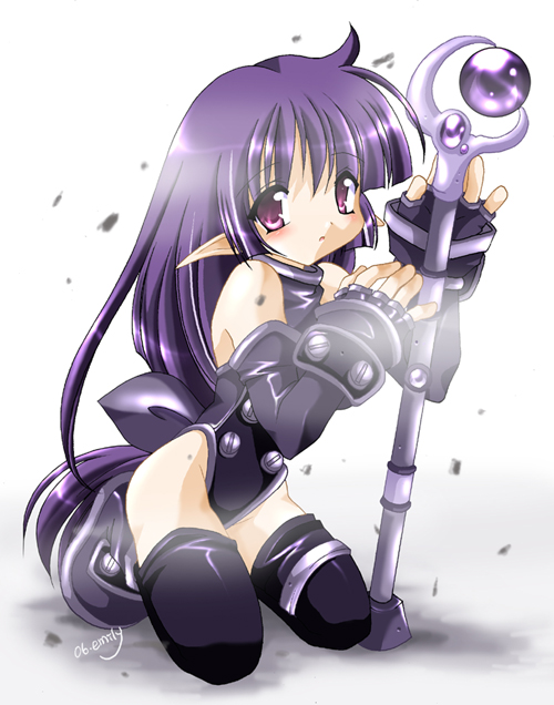 emily (pure dream), source request, 1girl, ankle boots, bare shoulders, black gloves, black thighhighs, blush, bodysuit, boots, dated, detached sleeves, female focus, fingerless gloves, from side, full body, gloves, halterneck, hime cut, holding, holding staff, holding weapon, kneeling, leotard, long hair, long pointy ears, looking at viewer, low-tied long hair, orb, parted lips, pointy ears, purple eyes, purple hair, signature, sleeves past wrists, solo, staff, thighhighs, turtleneck, very long hair, weapon
