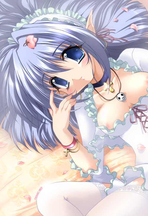 emily (pure dream), source request, 1girl, blue eyes, blue hair, breasts, corset, elf, female focus, large breasts, matching hair/eyes, nipples, pointy ears, solo, thighhighs