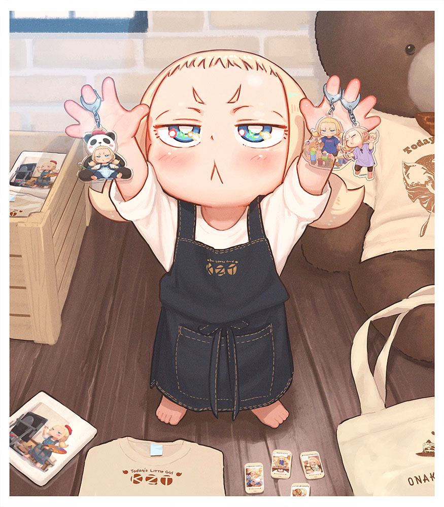 kozato (yu kozato), little blonde girl (kozato), original, commentary request, 1girl, :<, apron, arms up, barefoot, black apron, blonde hair, blue eyes, blush, brick wall, closed mouth, denim apron, forehead, indoors, long sleeves, shirt, short eyebrows, solo, standing, stuffed animal, stuffed toy, teddy bear, thick eyebrows, twintails, v-shaped eyebrows, white shirt, wooden floor