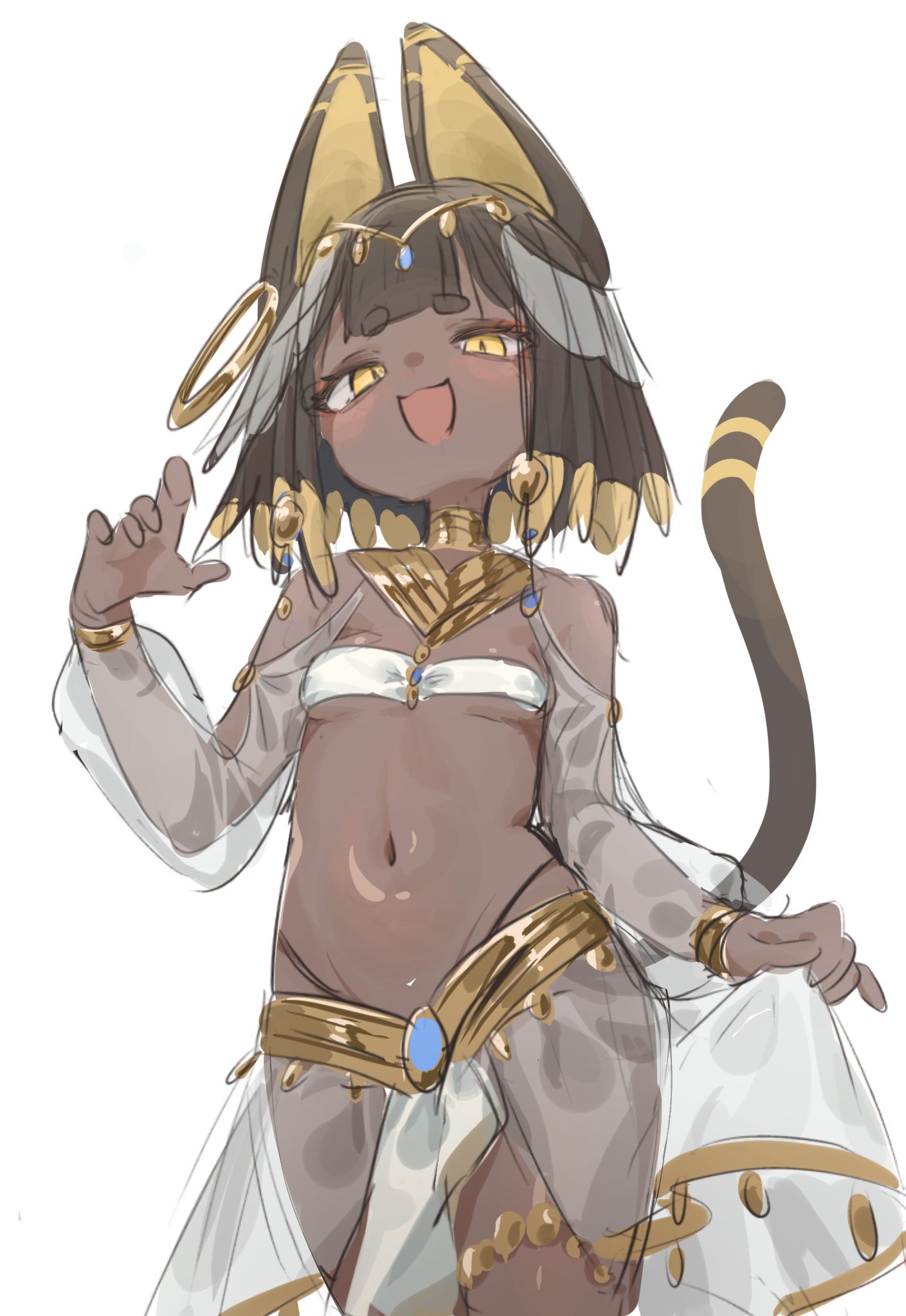 yorky (0614yorky), original, commentary request, highres, 1girl, ancient egyptian, animal ears, black hair, breasts, cat girl, cat tail, clothes lift, cowboy shot, dark-skinned female, dark skin, from below, gold, hair ornament, jewelry, looking at viewer, navel, open mouth, petite, see-through clothes, shirt lift, short hair, simple background, small breasts, smile, solo, tail, thick eyebrows, white background, yellow eyes