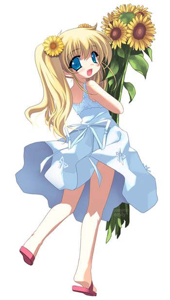 emily (pure dream), source request, tagme, 1girl, blonde hair, blue eyes, dress, female focus, full body, red sandals, sandals, simple background, solo, standing, standing on one leg, twintails, white background