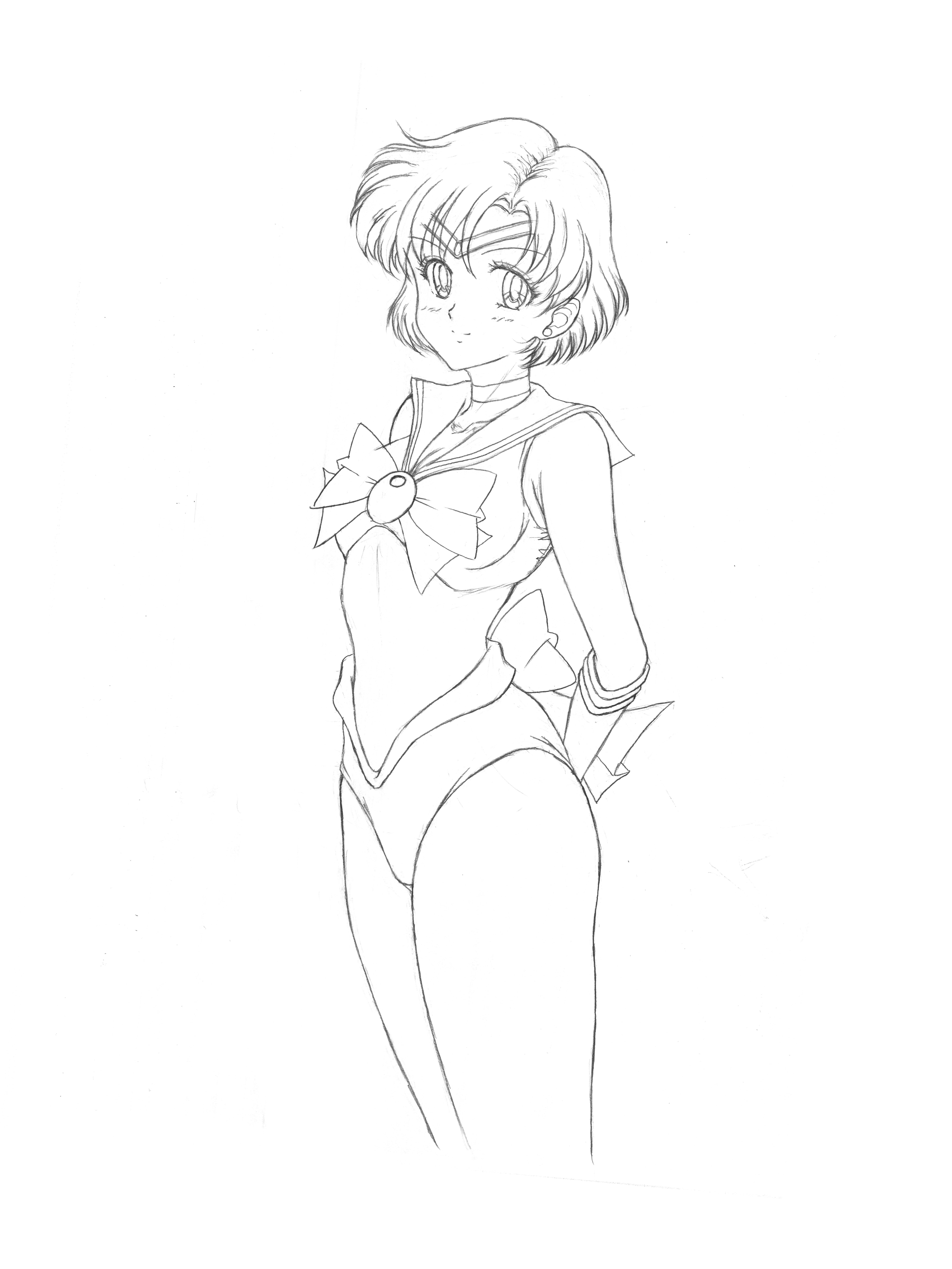 kankanze, mizuno ami, sailor mercury, bishoujo senshi sailor moon, absurdres, highres, adapted costume, back bow, bow, bowtie, brooch, choker, circlet, earrings, elbow gloves, gloves, jewelry, leotard, light blush, looking at viewer, parted bangs, sailor collar, sailor senshi uniform, short hair, smile, stud earrings