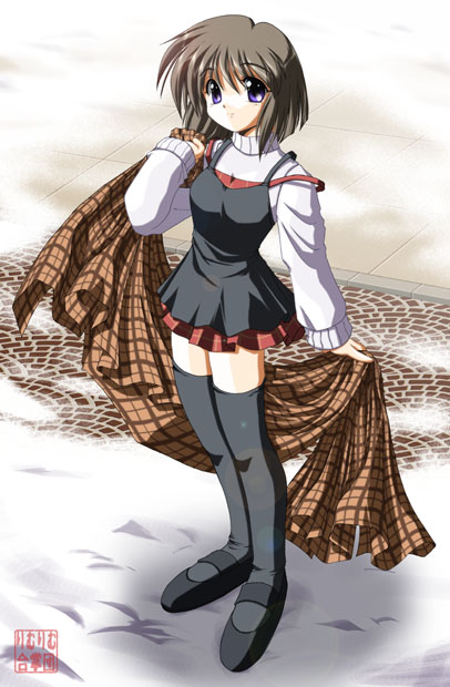 f20 (funimaru), rimurimu, misaka shiori, kanon, plaid, 1girl, blanket, brown hair, dress, female focus, purple eyes, short hair, snow, solo, strap slip, sweater, thighhighs, zettai ryouiki