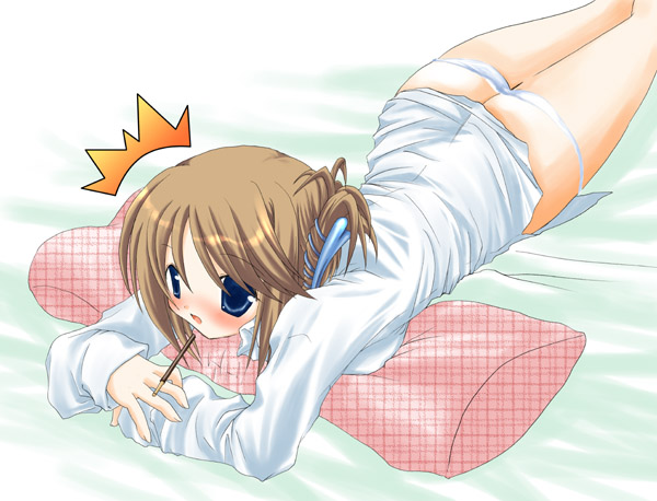 ebisu senri, bed, food, panties, panty pull, pillow, pocky, short hair, solo, underwear, unmoving pattern
