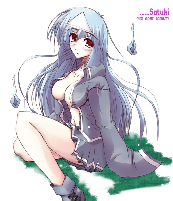 nt50, satsuki (quiz magic academy), quiz magic academy, blue hair, breasts, cleavage, huge breasts, open clothes, open shirt, school uniform, serafuku, shirt