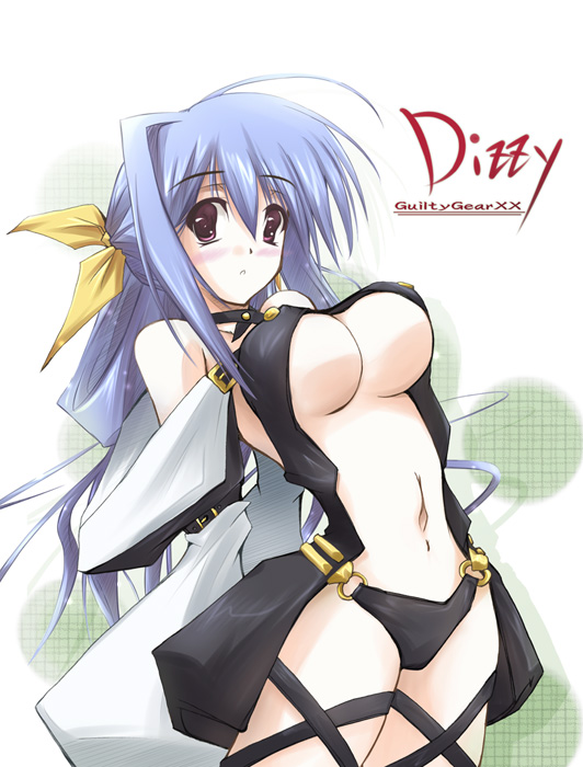 nt50, dizzy (guilty gear), arc system works, guilty gear, guilty gear x, guilty gear xx, 1girl, belt, blue hair, breasts, center opening, closed mouth, female focus, hair ribbon, large breasts, long hair, looking at viewer, midriff, red eyes, ribbon, solo, underboob, yellow ribbon