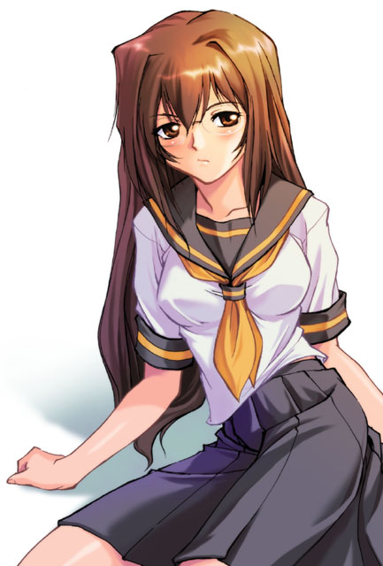 urase shioji, 1girl, blush, brown eyes, brown hair, expressionless, female focus, glasses, long hair, looking at viewer, neckerchief, sailor collar, school uniform, serafuku, short sleeves, simple background, sitting, solo, white background