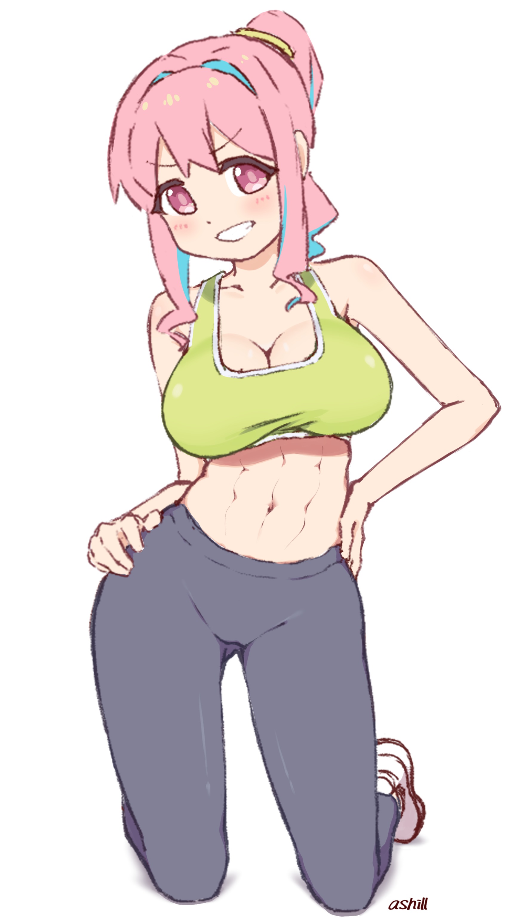 ash (ash illustrator), hozuki kaede, onii-chan wa oshimai!, absurdres, commentary, highres, 1girl, abs, artist name, bare arms, bare shoulders, black pants, blue hair, breasts, cleavage, collarbone, dot nose, full body, gluteal fold, green sports bra, grin, hands on own hips, kneeling, large breasts, light blush, looking at viewer, midriff, multicolored hair, navel, pants, pink eyes, pink hair, ponytail, sidelocks, simple background, smile, solo, sports bra, sportswear, taut clothes, two-tone hair, white background, yoga pants