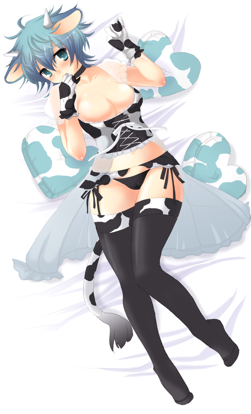 umehara emika, highres, 1girl, animal ears, animal print, bed, black panties, blue hair, breasts, cameltoe, cleavage, corset, cow ears, cow girl, cow print, cow tail, female focus, full body, garter belt, gloves, heart, heart-shaped pillow, horns, knees together feet apart, large breasts, lingerie, panties, pillow, solo, tail, thighhighs, underwear