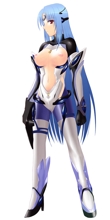 umminchu, kos-mos, kos-mos ver. 3, namco, xenosaga, xenosaga episode ii, xenosaga episode iii, 00s, 1girl, armor, blue hair, female focus, long hair, navel, nipples, red eyes, solo, top-down bottom-up, topless female