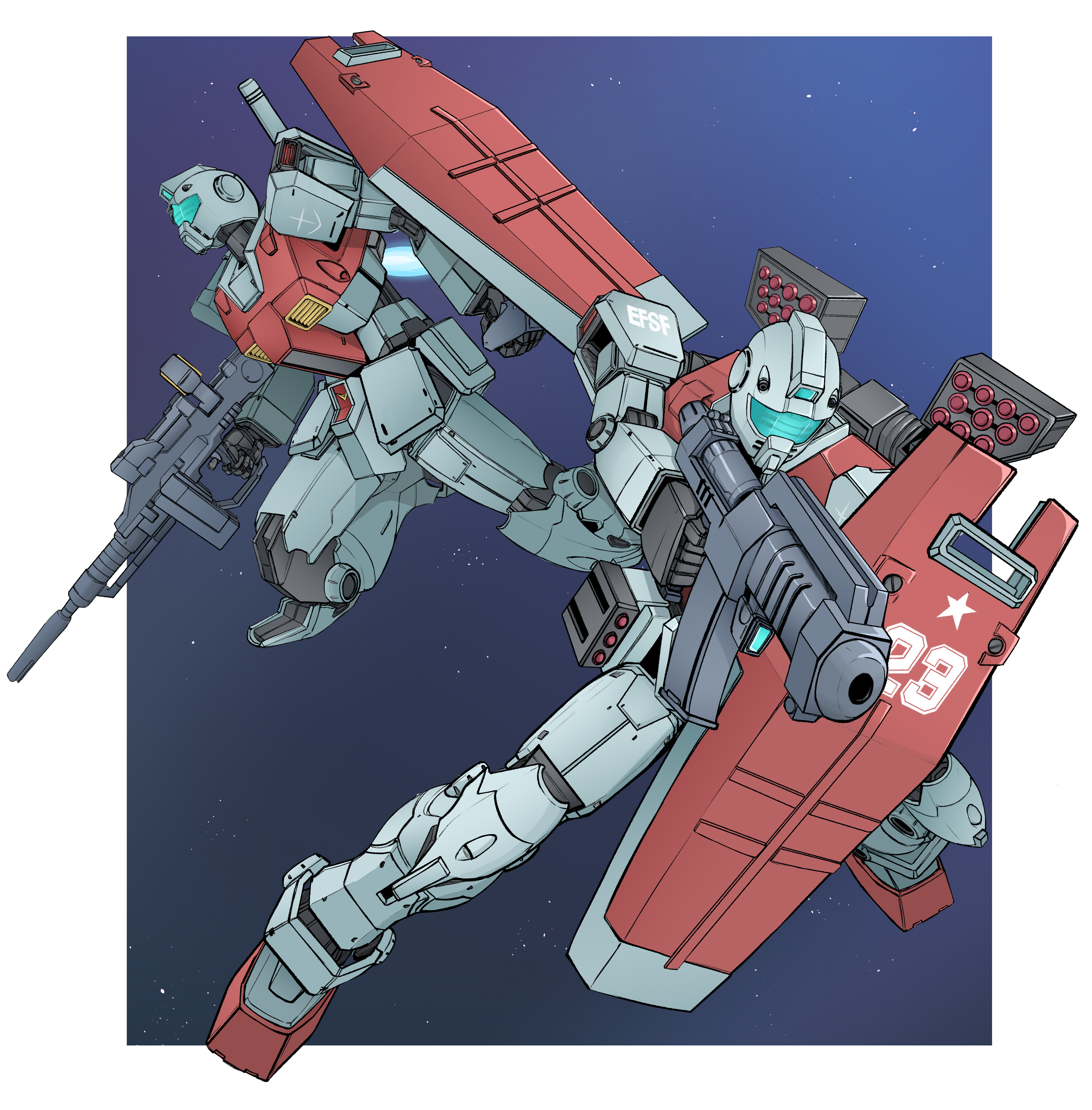 gm (mobile suit), gundam, mobile suit gundam the origin, absurdres, commentary, english commentary, highres, aiming, assault rifle, beam rifle, blue visor, earth federation, energy gun, gradient background, gun, machinery, mecha, mecha focus, missile, missile pod, mobile suit, no humans, redesign, rifle, robot, roundel, science fiction, shield, space, star (sky), thrusters, user mhyx7458, weapon, zero gravity