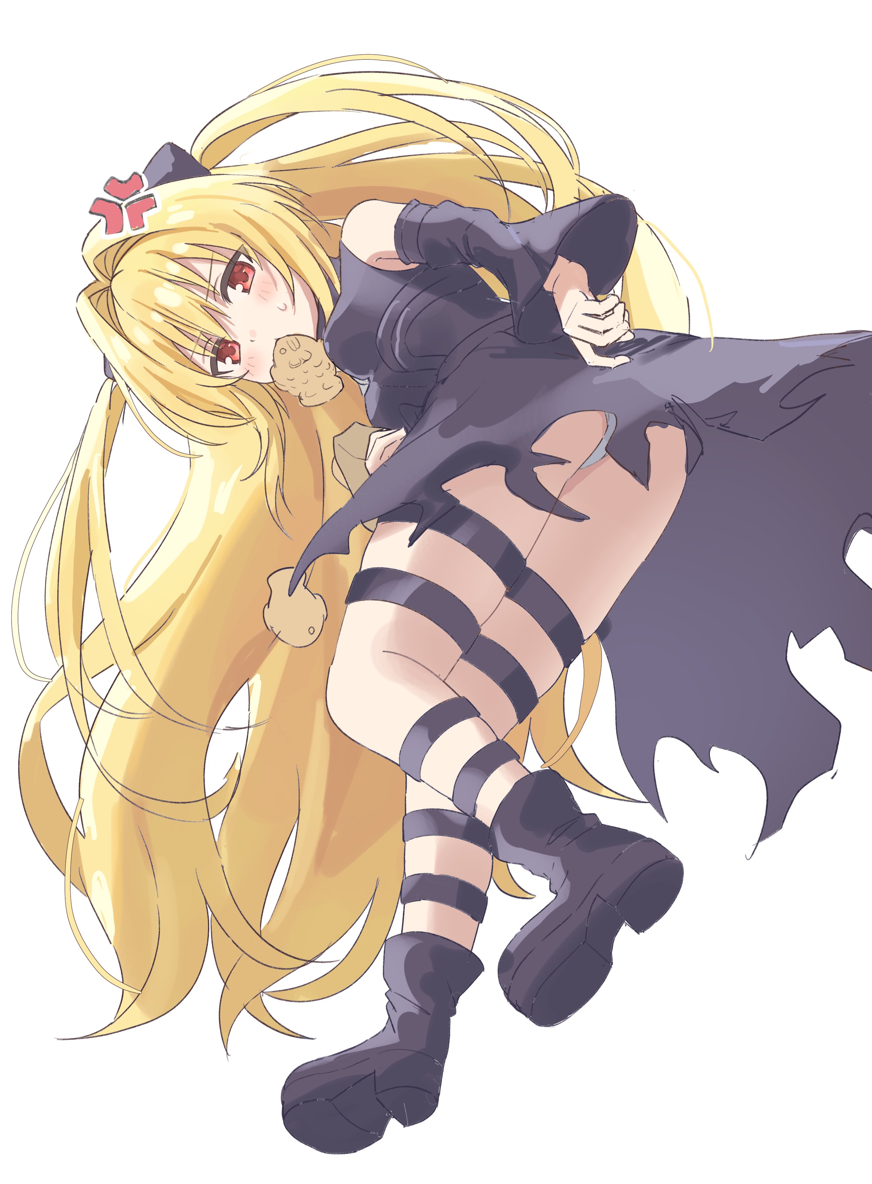 nemuiyoo00, konjiki no yami, to love-ru, absurdres, highres, 1girl, anger vein, ass, bare shoulders, black boots, black dress, blonde hair, boots, breasts, detached sleeves, dot nose, dress, full body, long hair, long sleeves, looking at viewer, mouth hold, panties, pantyshot, red eyes, simple background, solo, thigh strap, thighs, underwear, very long hair, white background, white panties, wide sleeves