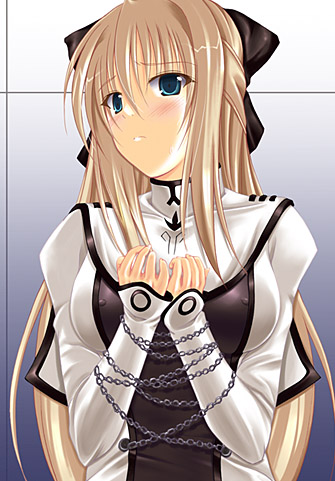 uminchu, cyrille (shining force exa), sega, shining (series), shining force exa, lowres, 1girl, blonde hair, blush, breasts, chain, covered erect nipples, female focus, half updo, long hair, medium breasts, solo