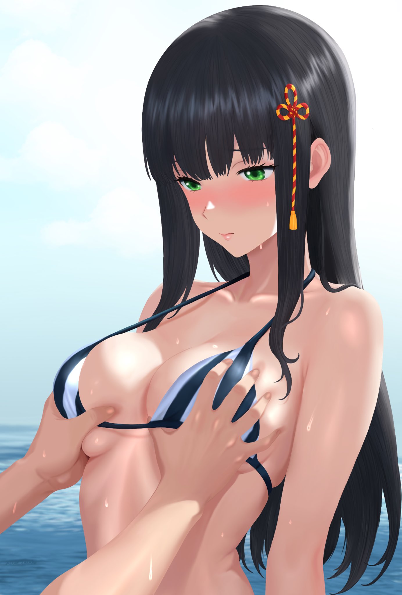 mikan zakuro, tougou hifumi, persona, persona 5, commentary, english commentary, highres, 1boy, 1girl, armpit crease, bikini, black bikini, black hair, blue sky, blush, breasts, closed mouth, collarbone, day, embarrassed, eyelashes, green eyes, groping, hair ornament, hetero, long hair, medium breasts, ocean, out of frame, outdoors, shadow, sidelocks, sky, striped bikini, striped clothes, swimsuit, tassel, tassel hair ornament, upper body, very long hair, white bikini