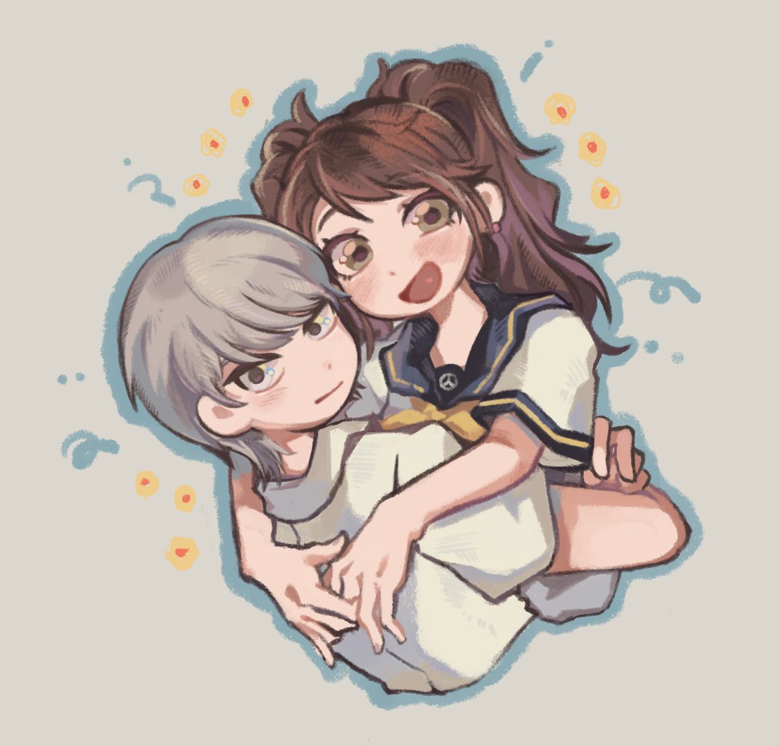 kujikawa rise, narukami yu, persona, persona 4, commentary request, korean commentary, 1boy, 1girl, blush, brown eyes, brown hair, closed mouth, cropped torso, earrings, grey background, grey eyes, grey hair, hug, jewelry, long hair, looking at viewer, looking to the side, open mouth, sailor collar, school uniform, shirt, short hair, short sleeves, simple background, smile, twintails, upper body, white shirt, xikq0py, yasogami school uniform
