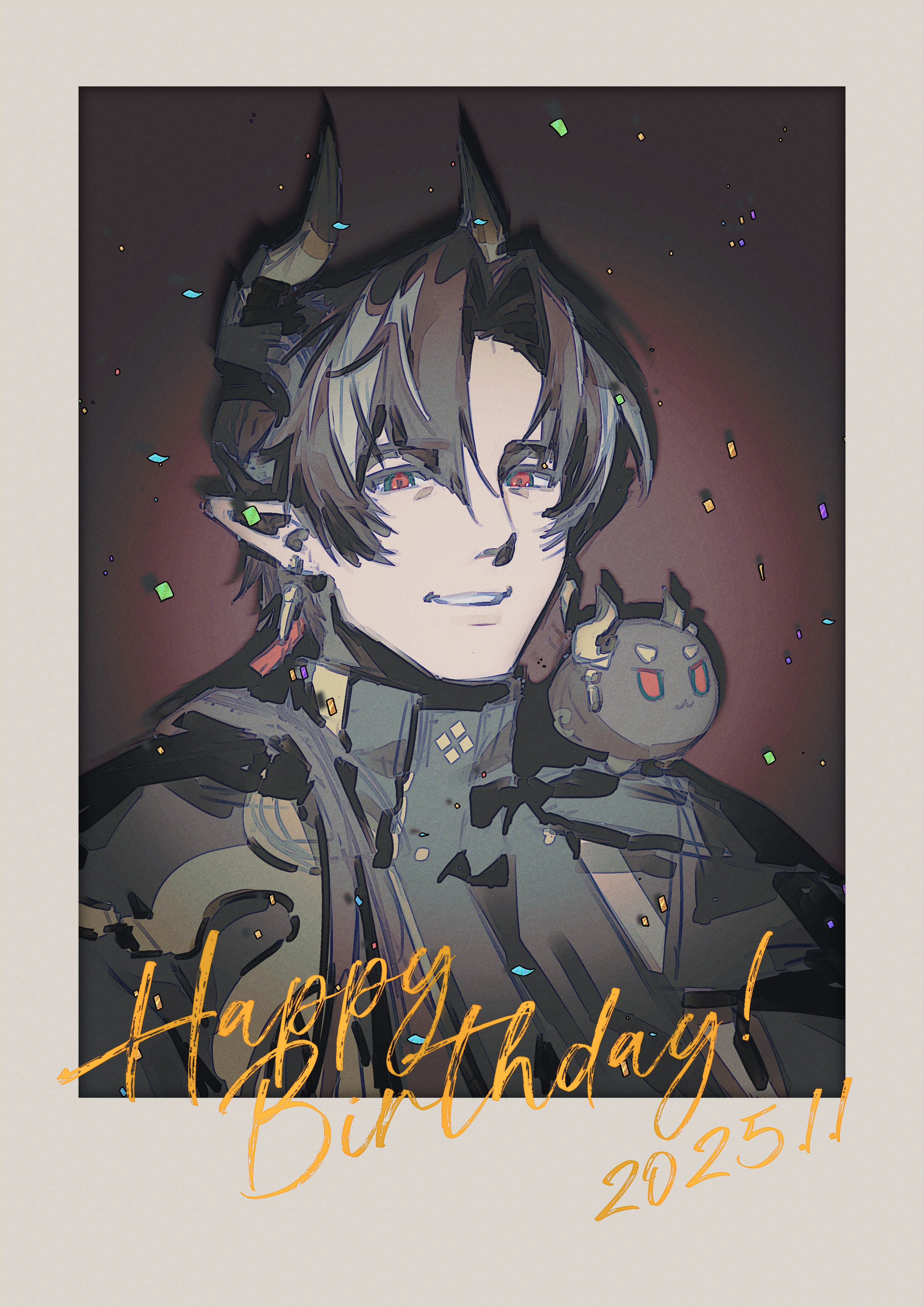 bingyu460, chongyue (arknights), arknights, absurdres, chinese commentary, commentary request, highres, 1boy, :d, border, brown hair, confetti, dated, dragon bubble (arknights), earrings, grey hair, grin, hair between eyes, hair intakes, happy birthday, jewelry, long hair, looking at viewer, male focus, multicolored hair, open mouth, pointy ears, portrait, red eyes, shadow, smile, solo, streaked hair, white border