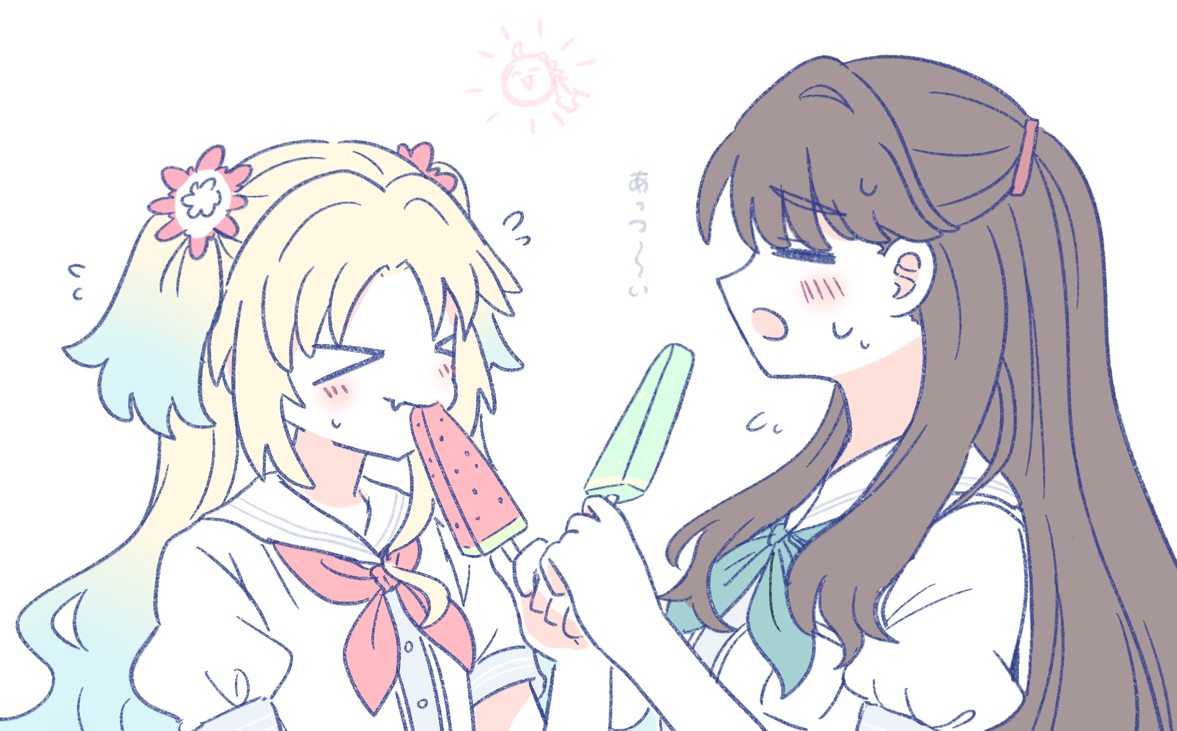 watage modoki, anyoji hime, fujishima megumi, osawa rurino, link! like! love live!, love live!, commentary, highres, symbol-only commentary, > <, 2girls, aqua neckerchief, blonde hair, blue hair, blush, brown hair, dress, eating, flower, flying sweatdrops, food, gradient hair, hair flower, hair ornament, hasu no sora school uniform, holding, holding food, holding popsicle, hot, long hair, multicolored hair, multiple girls, neckerchief, objectification, open mouth, parted bangs, pink flower, popsicle, puffy short sleeves, puffy sleeves, red neckerchief, sailor collar, sailor dress, school uniform, short sleeves, simple background, summer uniform, sun with face, sweat, twintails, upper body, virtual youtuber, watermelon bar, white background, white dress, white sailor collar