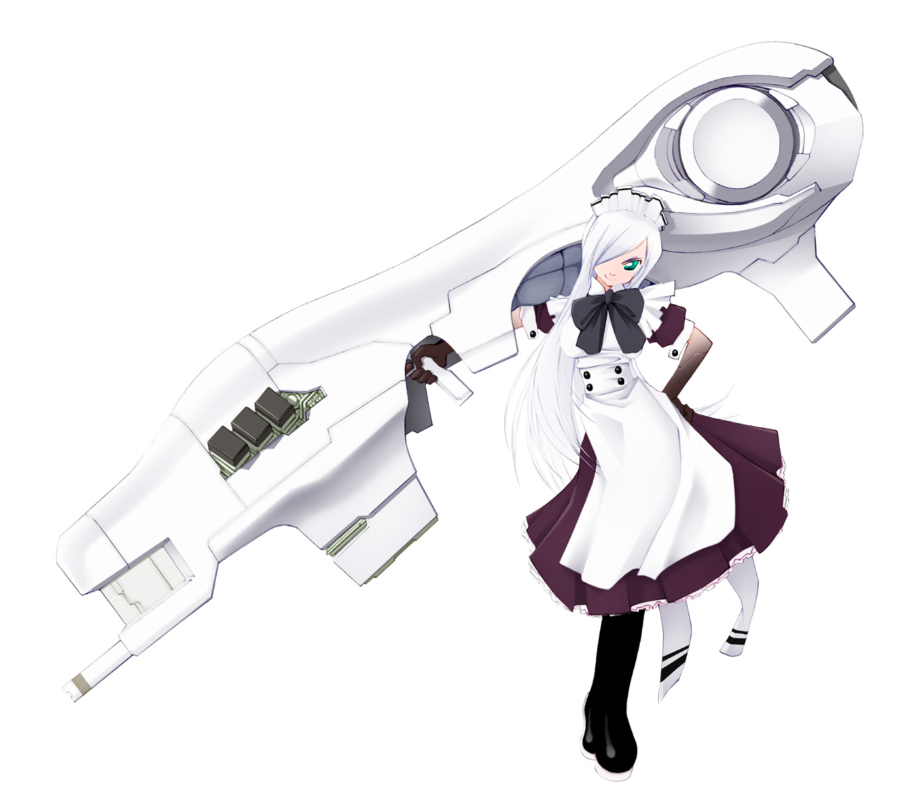 miito shido, boots, combat maid, cyborg, elbow gloves, gloves, gun, maid, solo, weapon, white hair