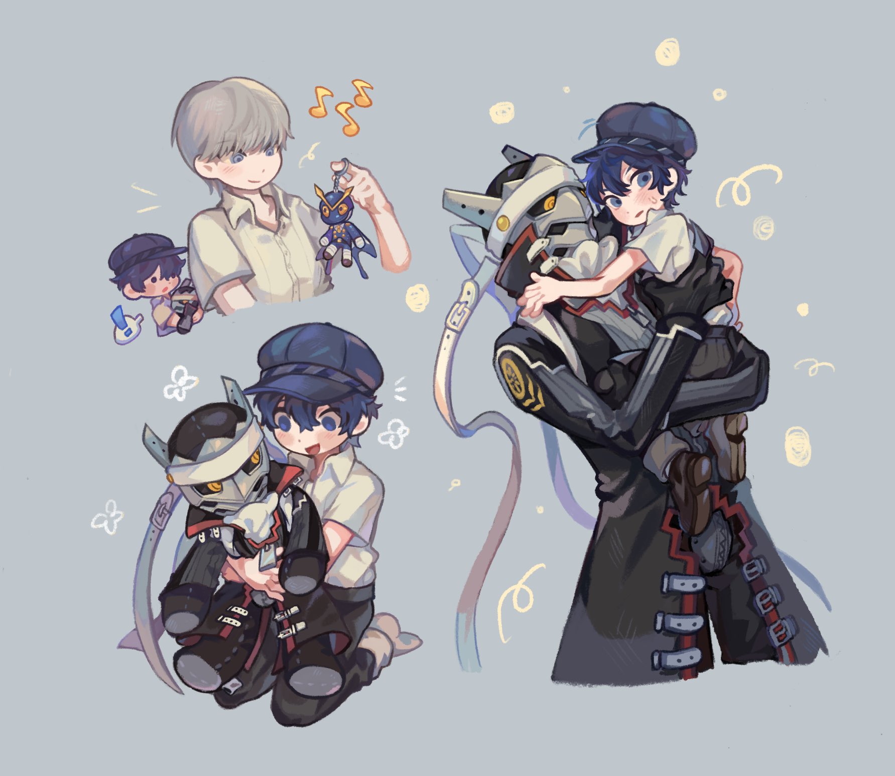 izanagi (persona 4), narukami yu, shirogane naoto, persona, persona 4, commentary request, highres, korean commentary, !, 1girl, 2boys, black pants, blue background, blue eyes, blue hair, blush, carrying, character charm, character doll, charm (object), closed mouth, collared shirt, doll, full body, grey eyes, grey hair, hat, holding, holding charm, holding stuffed toy, looking at another, looking back, multiple boys, multiple views, musical note, newsboy cap, open mouth, pants, persona (summon), reverse trap, school uniform, shirt, short hair, short sleeves, simple background, smile, spoken exclamation mark, standing, stuffed toy, sukuna-hikona (persona 4), upper body, white shirt, xikq0py, yasogami school uniform, yellow eyes