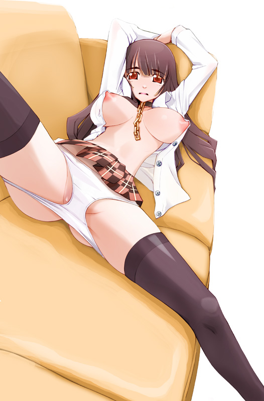 miito shido, copyright request, 1girl, breasts, female focus, large breasts, long hair, nipples, open clothes, open shirt, panties, panty pull, school uniform, serafuku, shirt, solo, spread legs, thighhighs, underwear