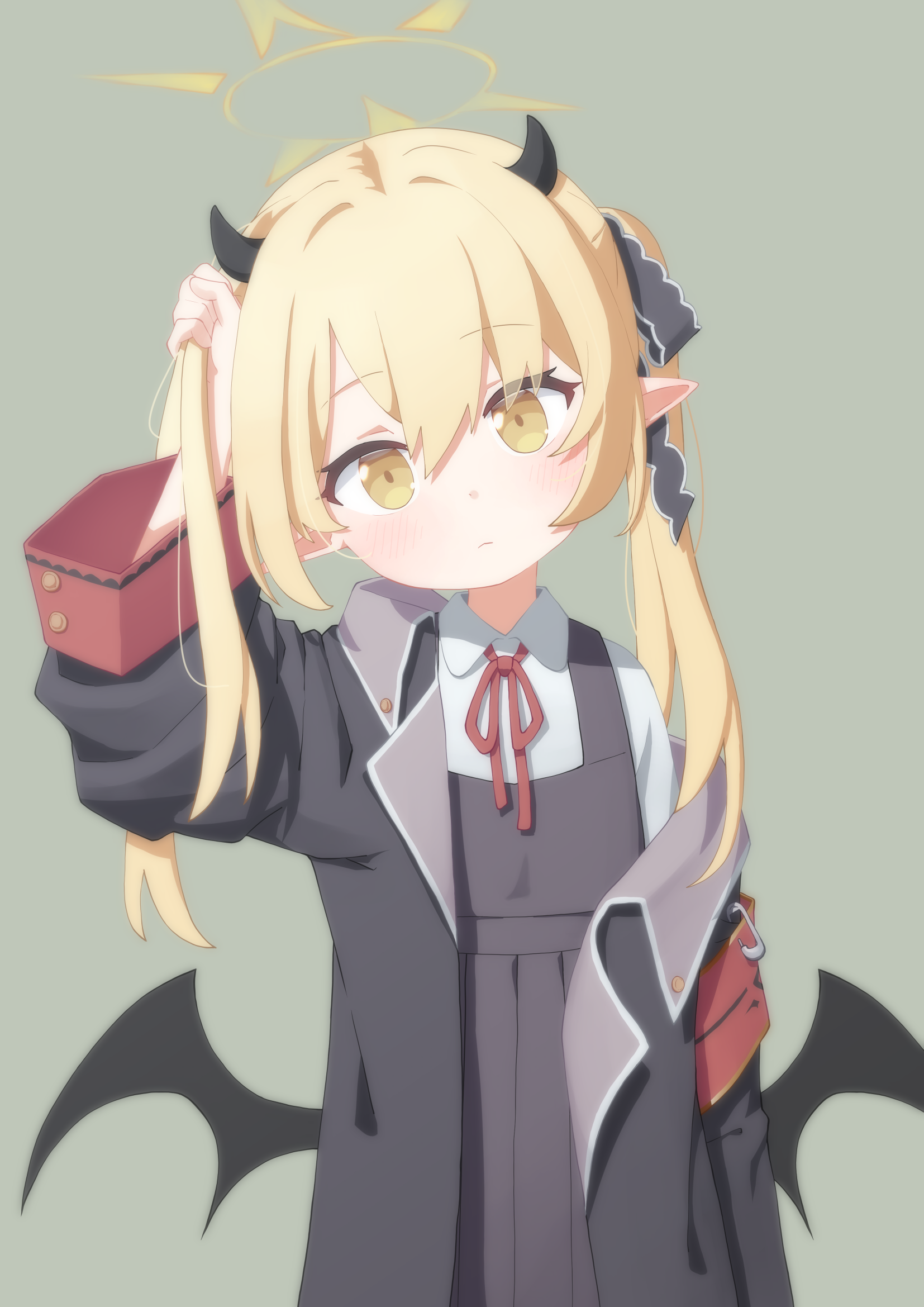 xotkd5972, ibuki (blue archive), blue archive, commentary request, highres, 1girl, adjusting hair, black coat, blonde hair, bow, bowtie, coat, collared shirt, cowboy shot, demon girl, demon horns, demon wings, dress, grey background, hair between eyes, hair bow, hair ribbon, halo, head tilt, horns, long hair, long sleeves, looking at viewer, open clothes, open coat, pinafore dress, pleated skirt, pointy ears, red bow, red bowtie, ribbon, school uniform, shirt, sidelocks, simple background, skirt, sleeveless, sleeveless dress, sleeves past fingers, sleeves past wrists, solo, standing, twintails, white shirt, wide sleeves, wings, yellow eyes, yellow halo