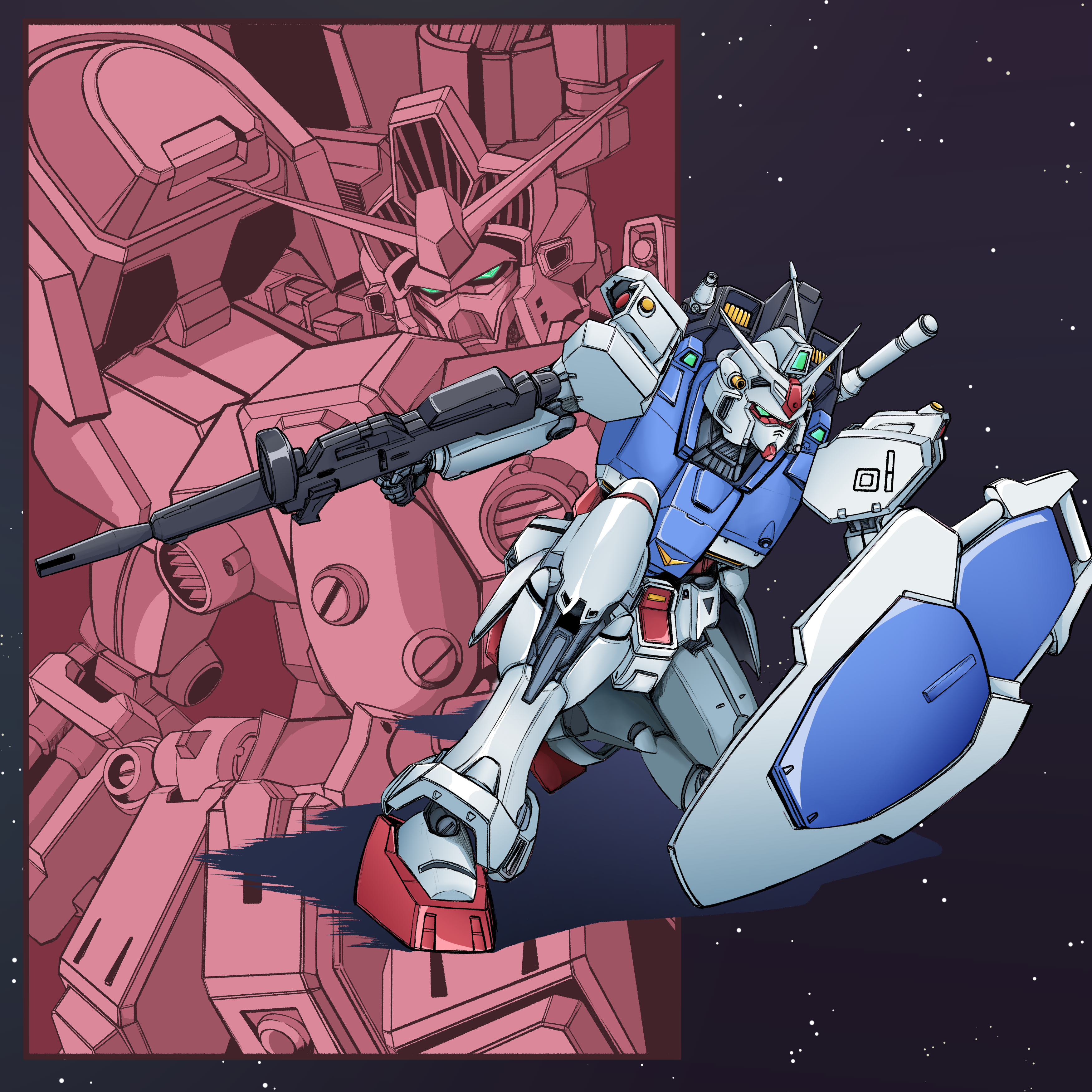 gundam gp-01 zephyranthes, gundam gp-02 physalis, gundam, gundam 0083, absurdres, commentary, english commentary, highres, beam rifle, energy gun, green eyes, kneeling, looking at viewer, machinery, mecha, mecha focus, mobile suit, no humans, robot, science fiction, shield, space, star (sky), user mhyx7458, v-fin, weapon