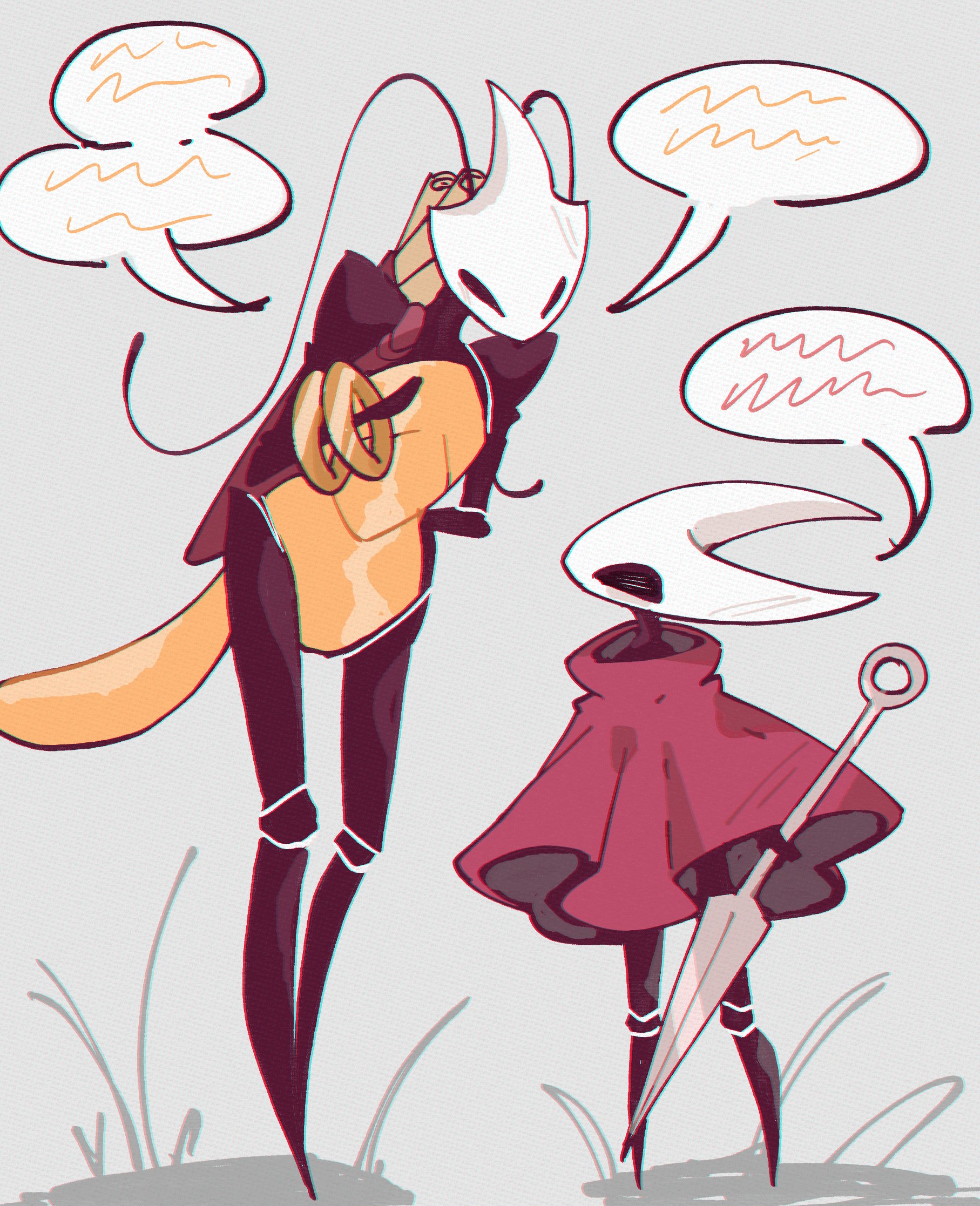 momoiiroo, hornet (hollow knight), shakra (hollow knight), hollow knight, hollow knight: silksong, highres, 2girls, arthropod girl, bracelet, cloak, colored skin, height difference, jewelry, looking at another, multiple girls, needle (hollow knight), red cloak, speech bubble, standing, weapon