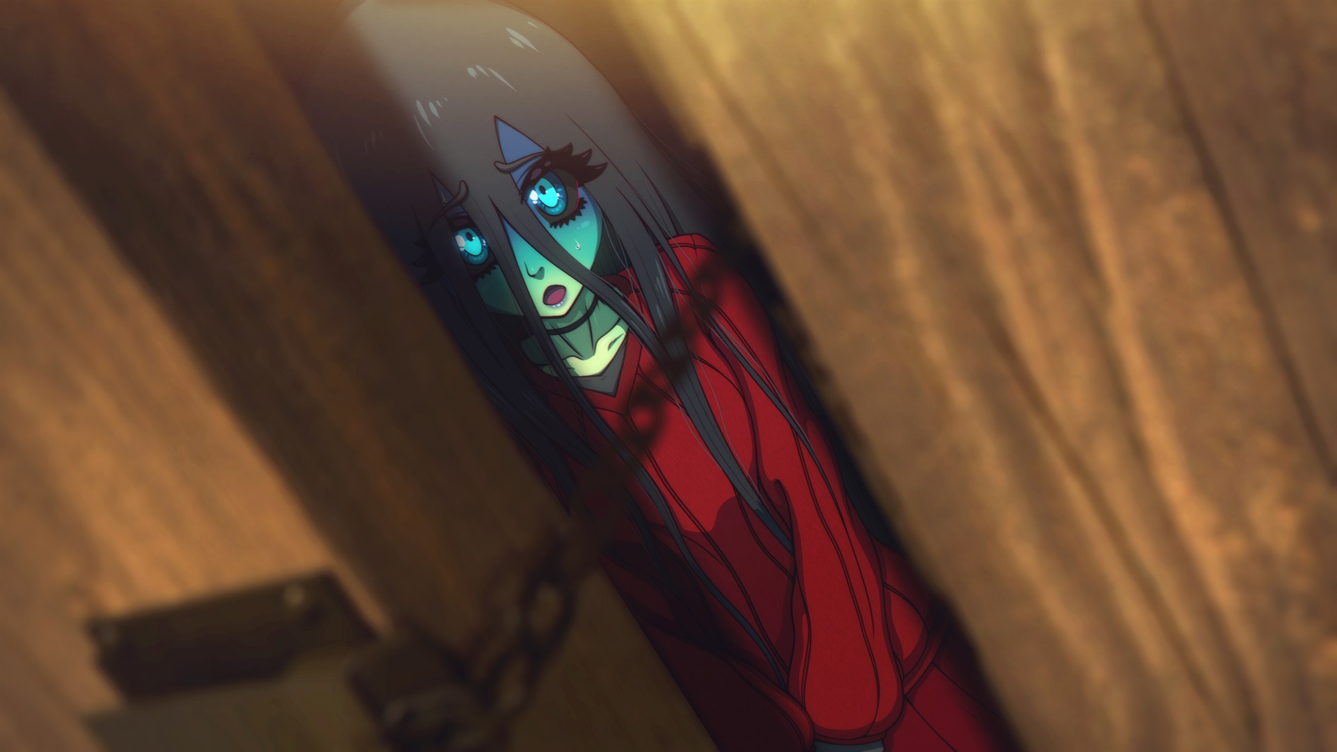 erkerut, samara chan, wet nightmares, highres, non-web source, 1girl, black choker, black hair, black sclera, blue eyes, choker, colored sclera, colored skin, green lips, green skin, jacket, long hair, looking at viewer, monster girl, open door, open mouth, pants, shy, track jacket, track pants, track suit, wooden door