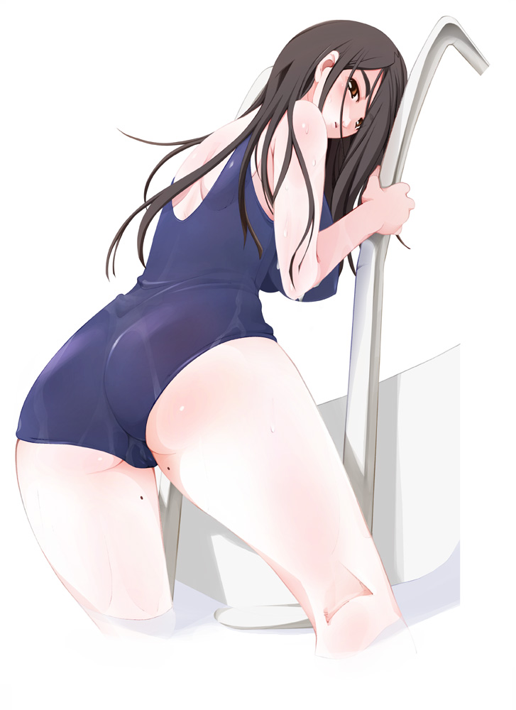 miito shido, yamanouchi hisako, lustful berry, 1girl, ass, blush, female focus, long hair, mole, mole on thigh, one-piece swimsuit, solo, swimsuit, wet