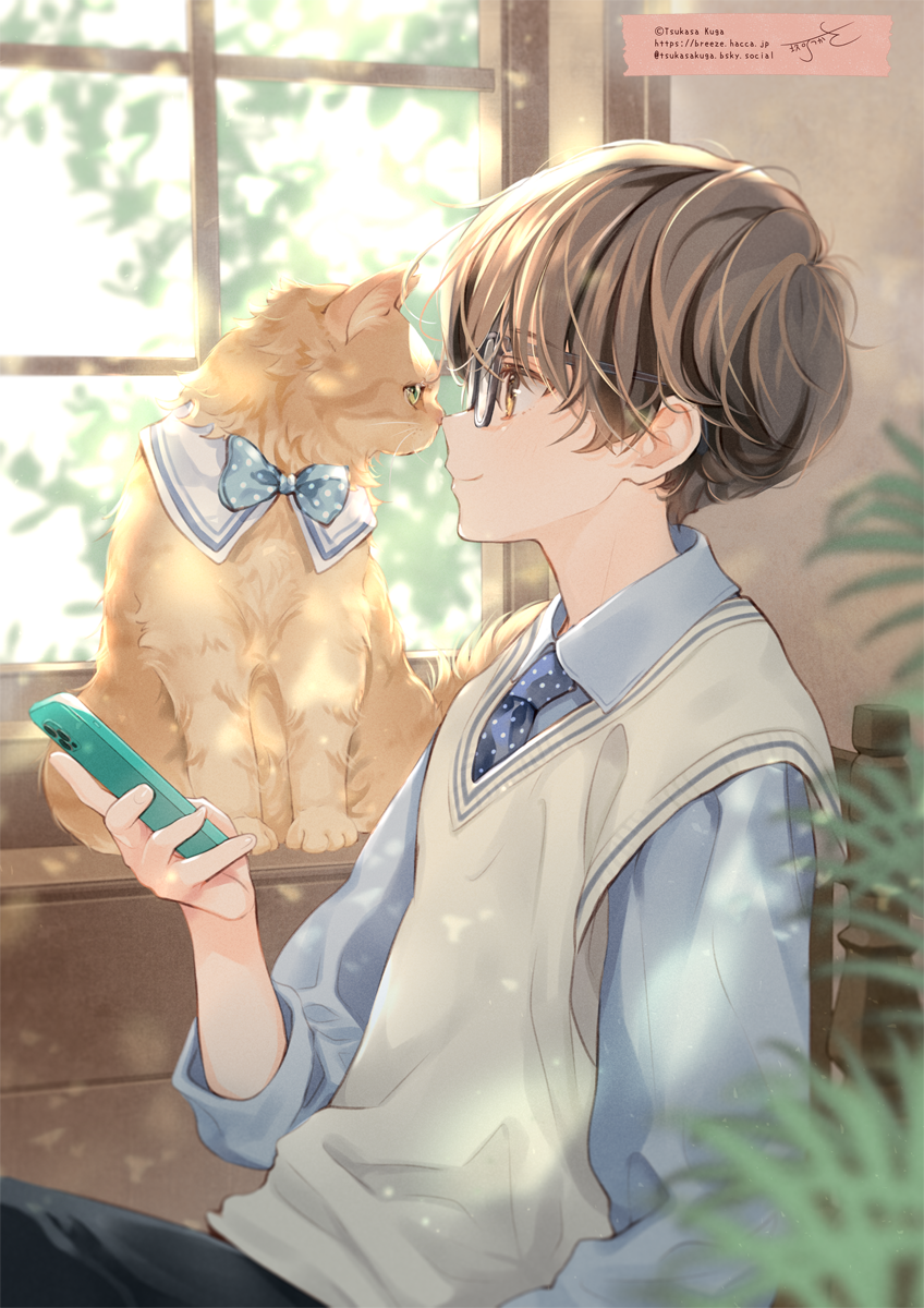 kuga tsukasa, original, commentary request, highres, 1boy, black pants, blue necktie, blue shirt, blurry, blurry foreground, brown eyes, brown hair, cat, cellphone, chair, closed mouth, collared shirt, depth of field, glasses, holding, holding phone, indoors, male focus, necktie, on chair, pants, phone, polka dot necktie, profile, shirt, signature, sitting, smile, solo, sweater vest, watermark, web address, window
