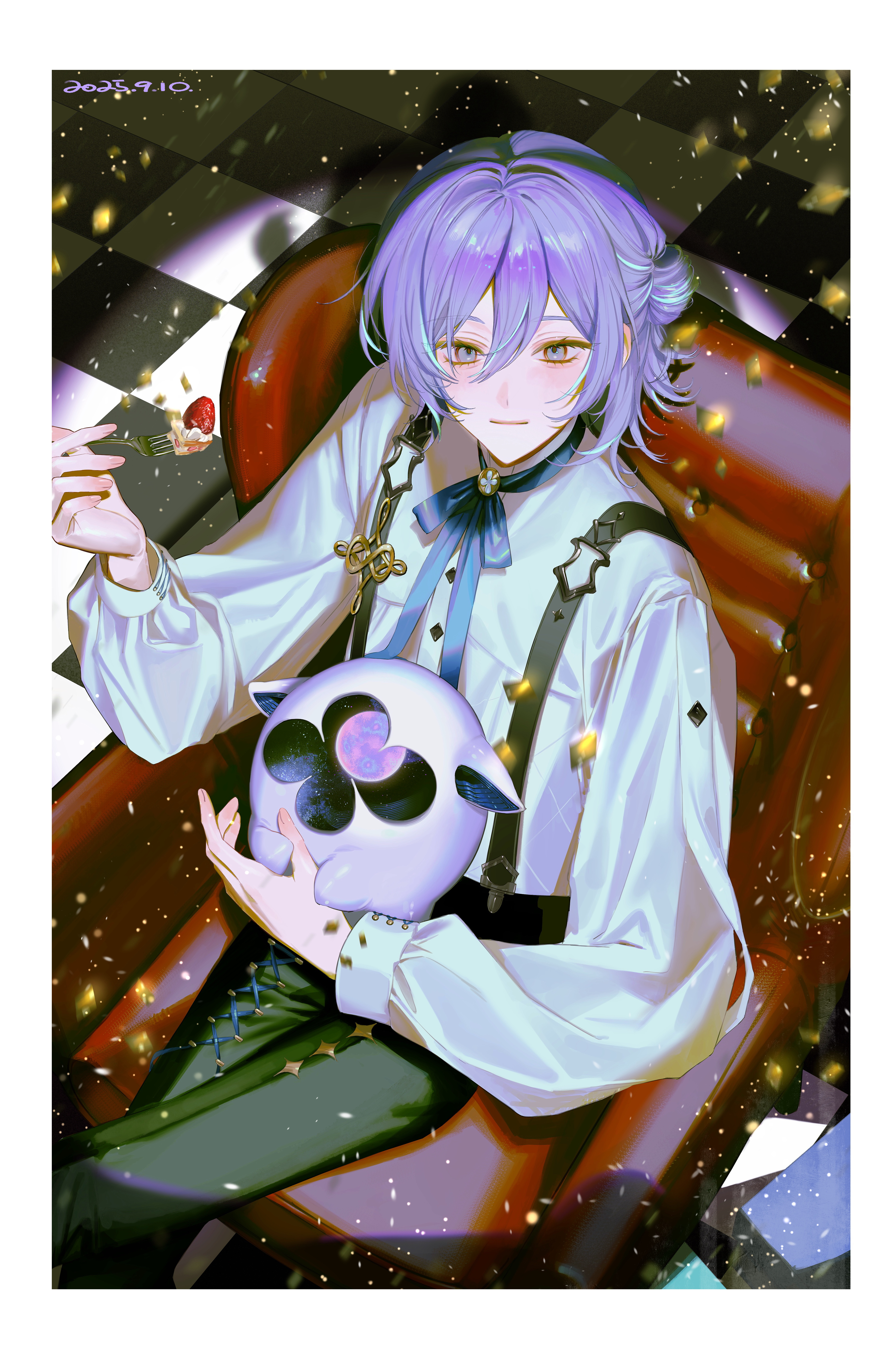 fabnuu, hoshirube sho, hoshirube sho (2nd costume), otomo (hoshirube sho), nijisanji, absurdres, commentary request, highres, 1boy, animal, black pants, blue bow, blue bowtie, blue hair, blush, border, bow, bowtie, chair, checkered floor, dated, food, fork, from above, fruit, grey eyes, holding, holding animal, holding fork, looking at viewer, looking up, male focus, multicolored hair, pants, puffy sleeves, purple hair, shirt, short hair, smile, solo, strawberry, streaked hair, suspenders, virtual youtuber, white shirt