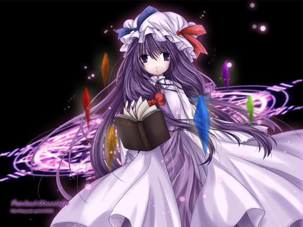 x20285, patchouli knowledge, touhou, 1girl, book, cowboy shot, crescent, female focus, floating, floating object, grimoire, long hair, long sleeves, looking at viewer, magic circle, open book, purple eyes, purple hair, solo, standing, very long hair